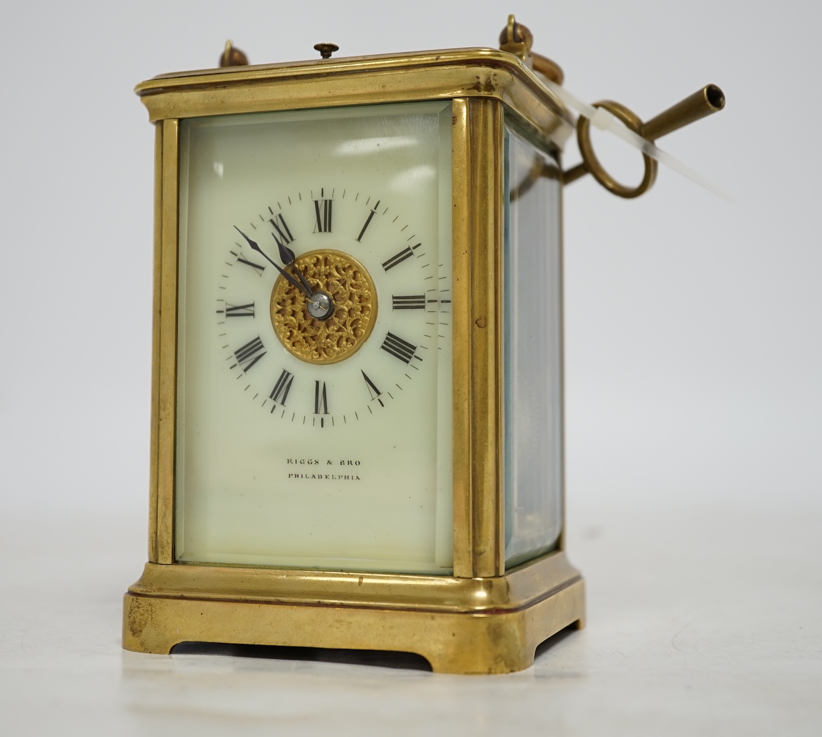 A brass cased repeating carriage clock with key, 14cm. Condition - good, currently ticking